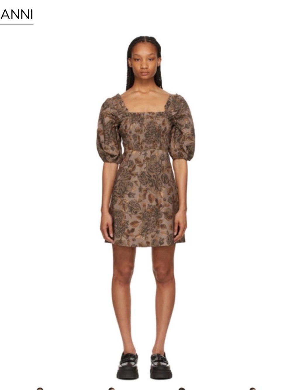 Ganni Brown Floral Poplin Puff-Sleeve Square-Neck Mini Dress